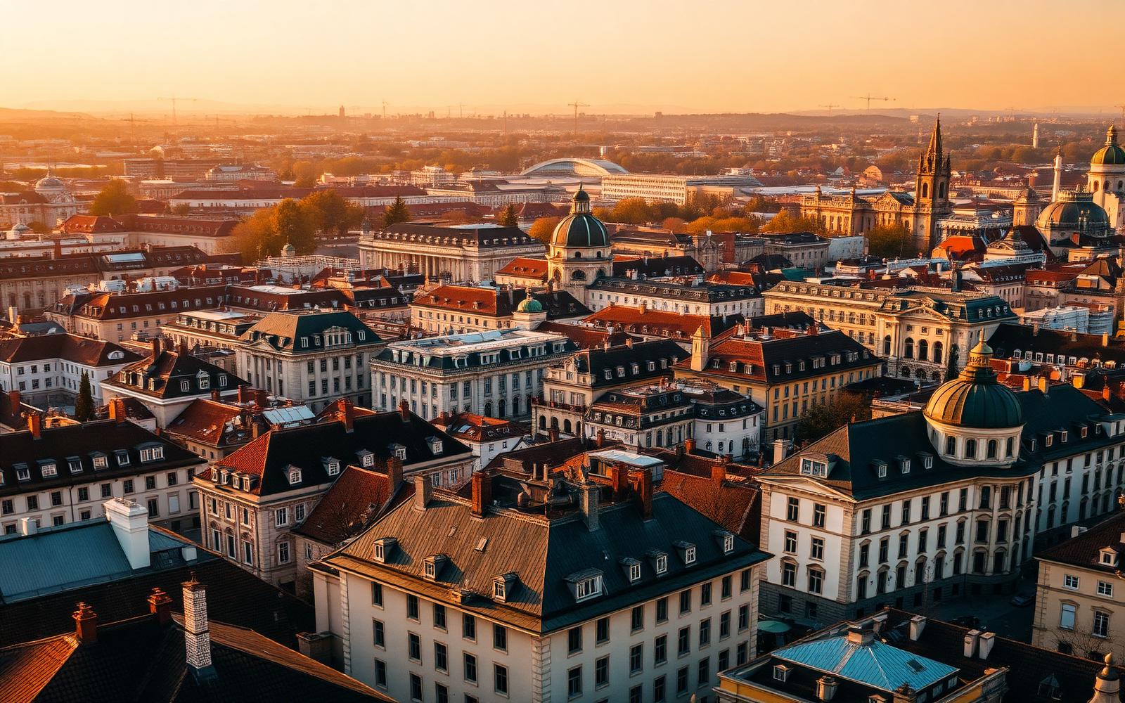 Skyline einer österreichischen Stadt im Abendlicht